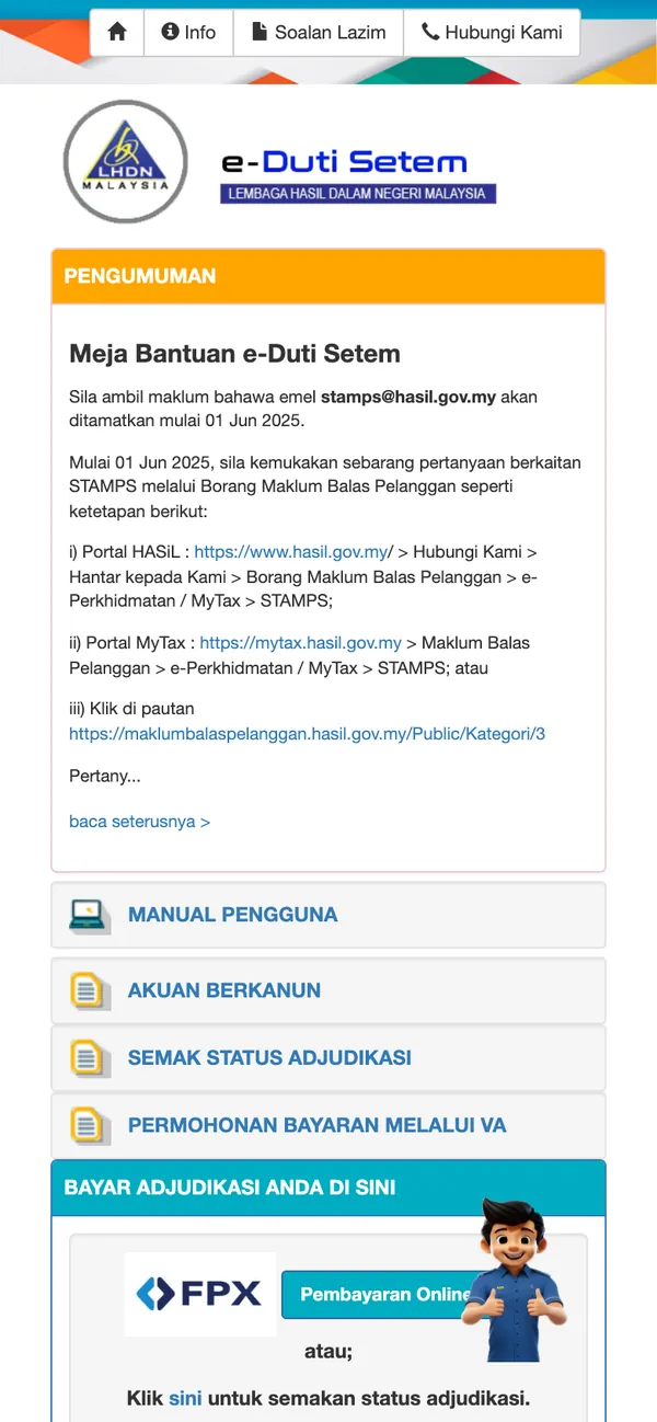 Paparan telefon laman utama portal e-Duti Setem dengan pengumuman meja bantuan dan ruang log masuk